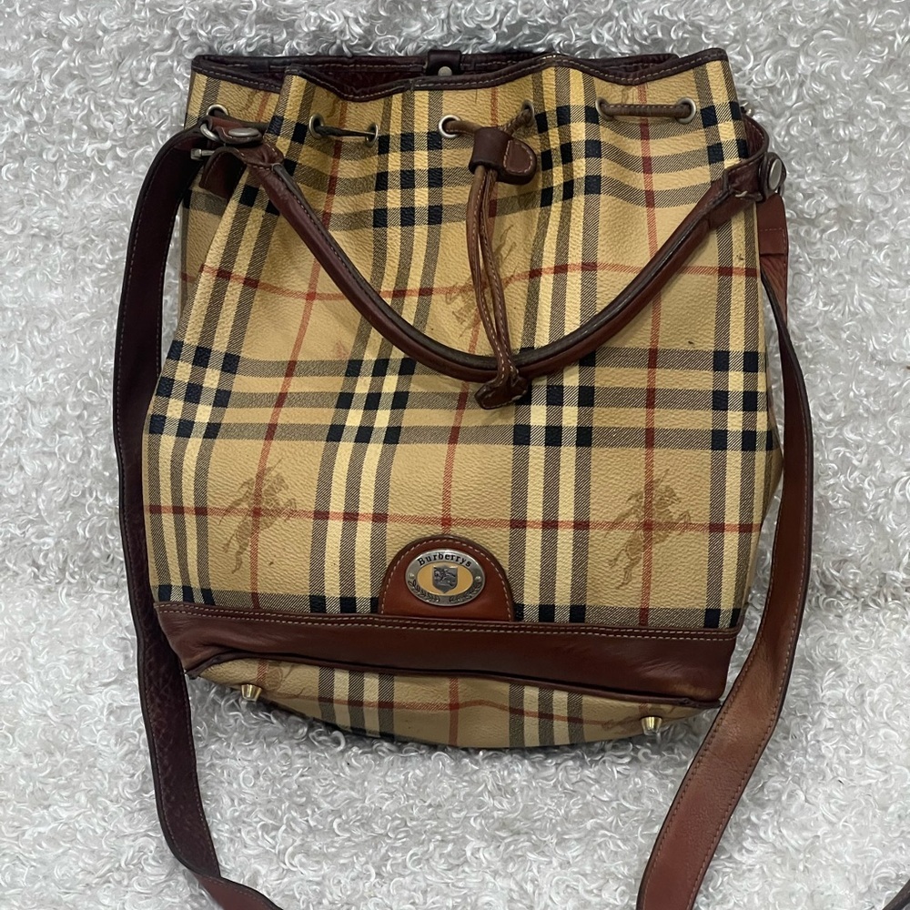 Burberry Beige/Brown Haymarket Check Canvas and Leather Drawstring Bucket Bag